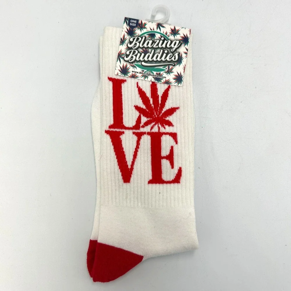 Pot Leaf Socks Blazing‎ Buddies 420 Love Crew Medium Cushion One Size White NEW